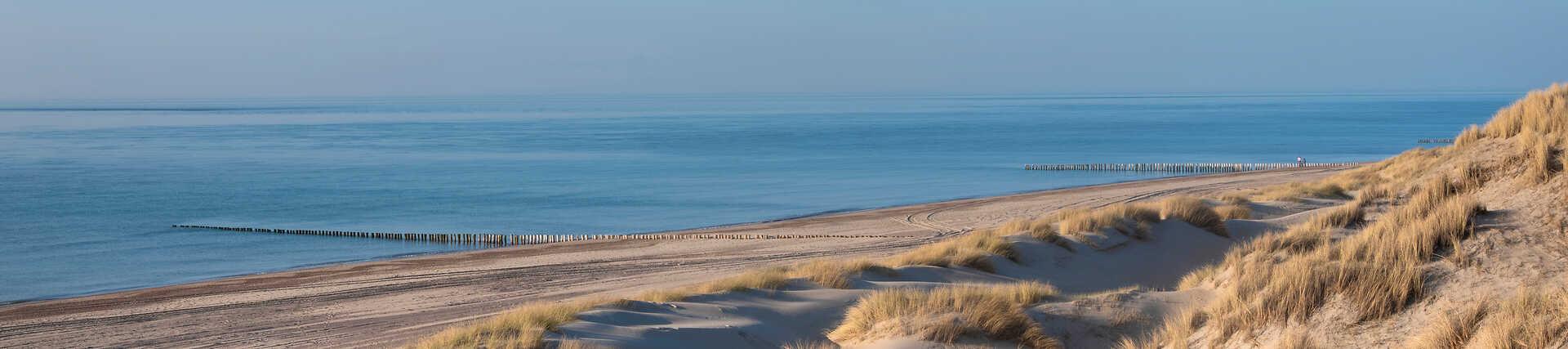 Weitläufiger Sandstrand und hohe Dünen mit Strandhafer an der Nordseeküste bei Renesse, Zeeland. Blaue Nordsee mit hölzernen Buhnen im Wasser.