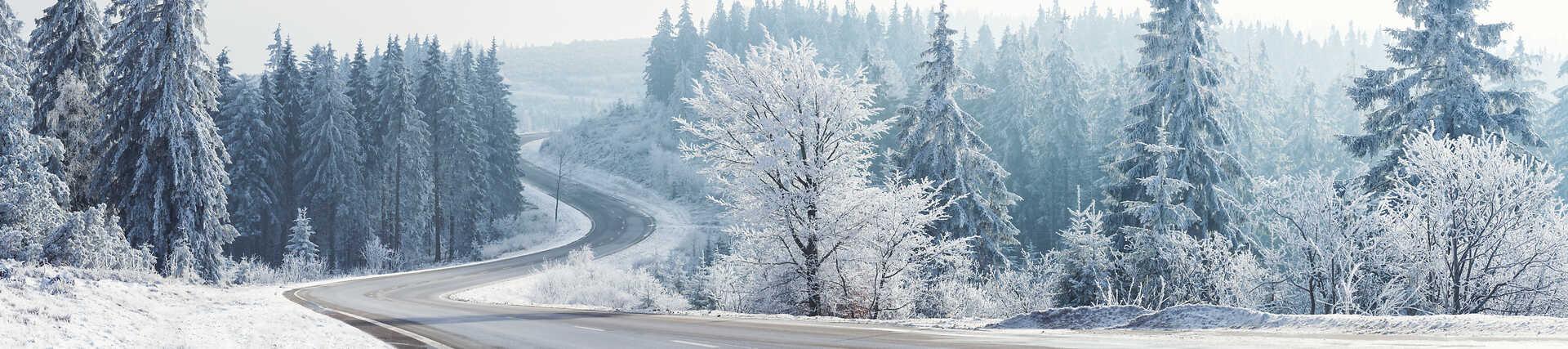 Winterlandschaft in Deutschland mit verschneiten Bergen und Bäumen.