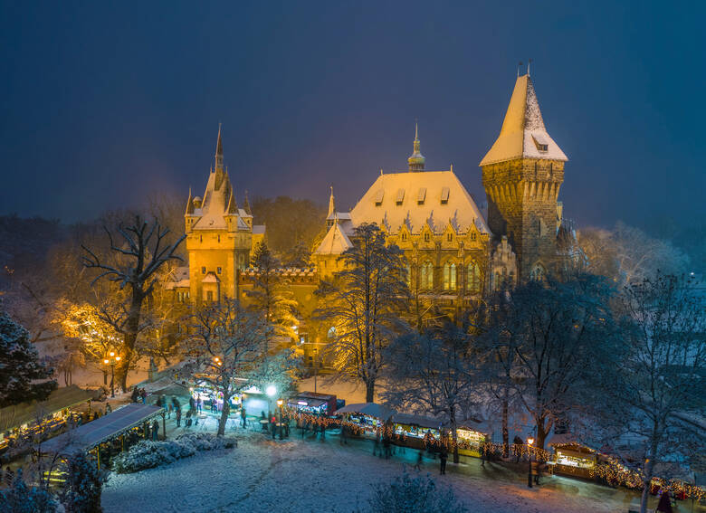 Burg von Budapest am Abend in der Weihnachtszeit