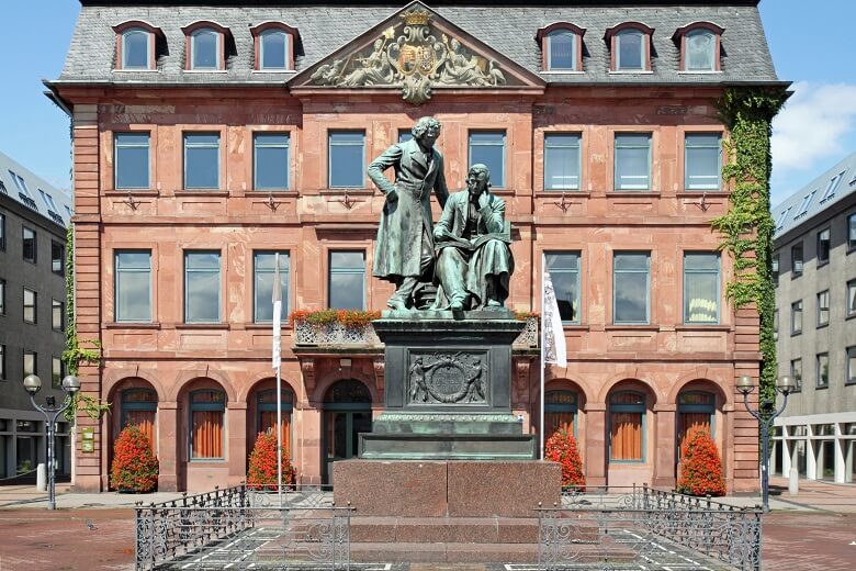 Gebrüder Grimm und Stadthalle in Hanau auf der Deutschen Märchenstraße