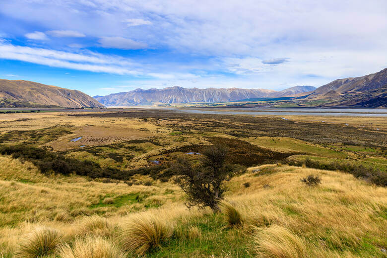 Blick auf den Mount Sunday in Neuseeland über weite Felder 
