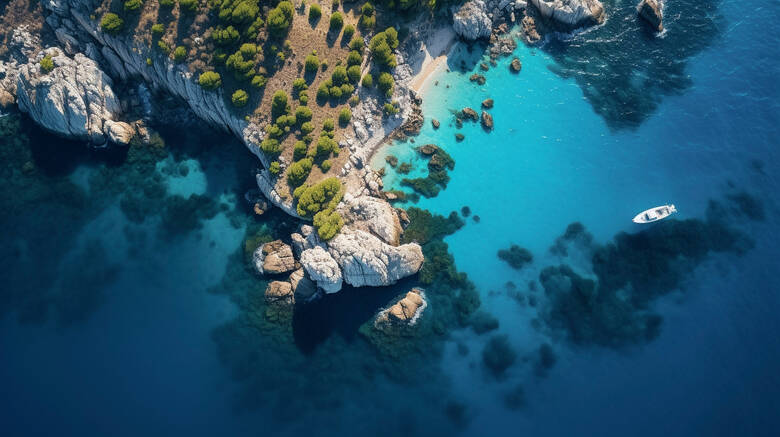 Blick von oben auf Boot und das blaue Meer vor Naxos