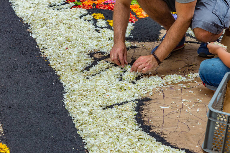 Mann schmückt die Straßen zu Fronleichnam mit Blumen