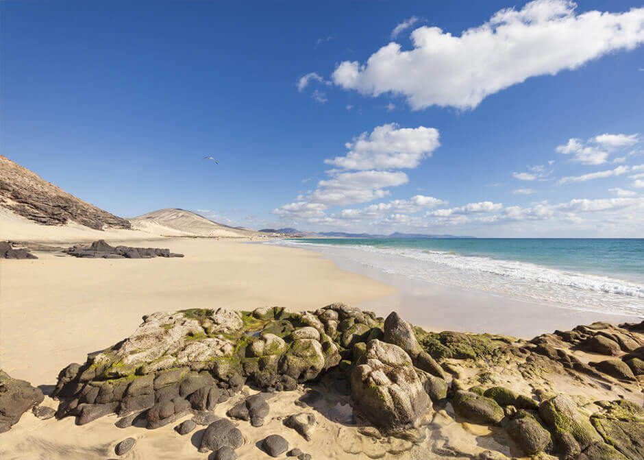 Felsen an einem Sandstrand auf Fuerteventura