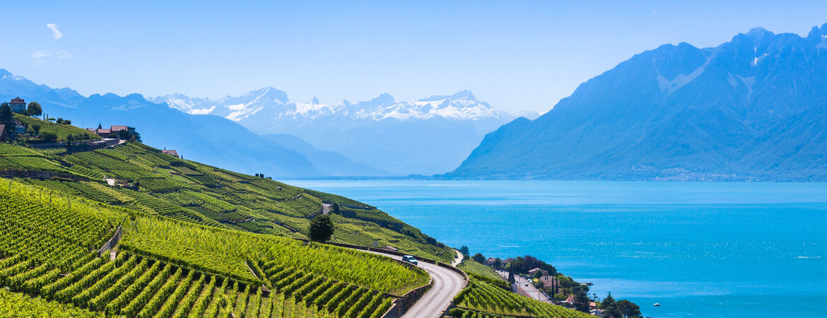 Küstenstraße mit Blick auf die Berge am Genfer See