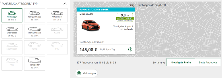Kleinwagen auf billiger-mietwagen.de