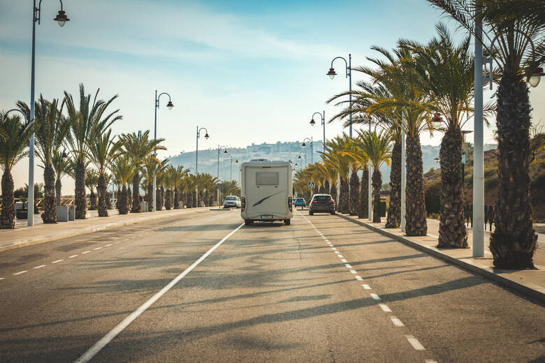 Wohnmobil fährt über eine Straße mit Palmen