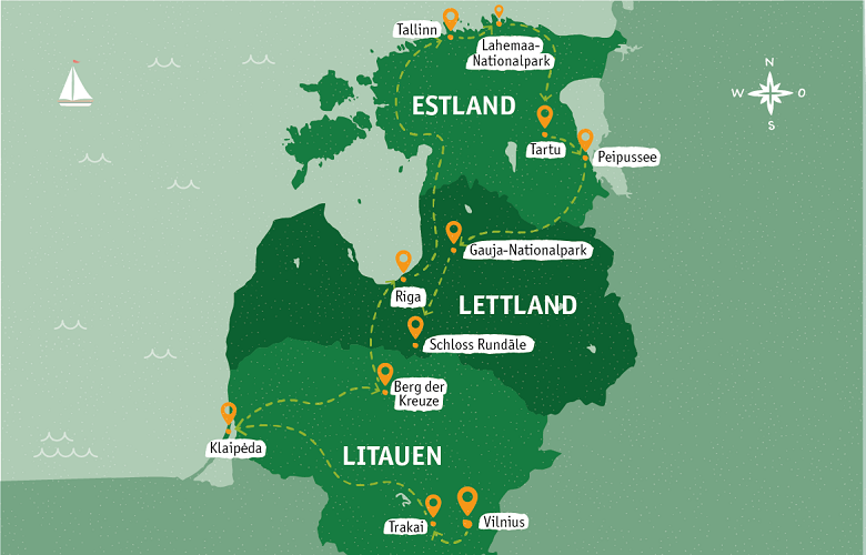 Karte, die eine Mietwagen-Rundreise durch Estland, Litauen und Lettland darstellt