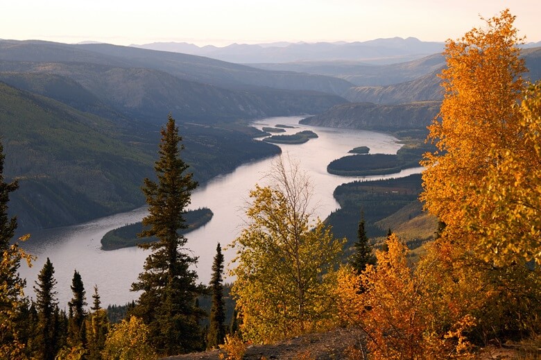 Blick über den Yukon River in Kanada im Herbst