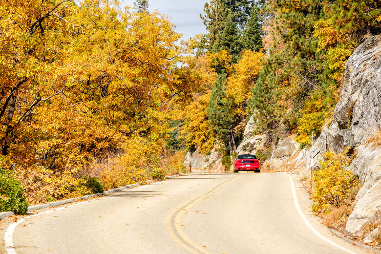 Cabrio fährt durch herbstliche Landschaft