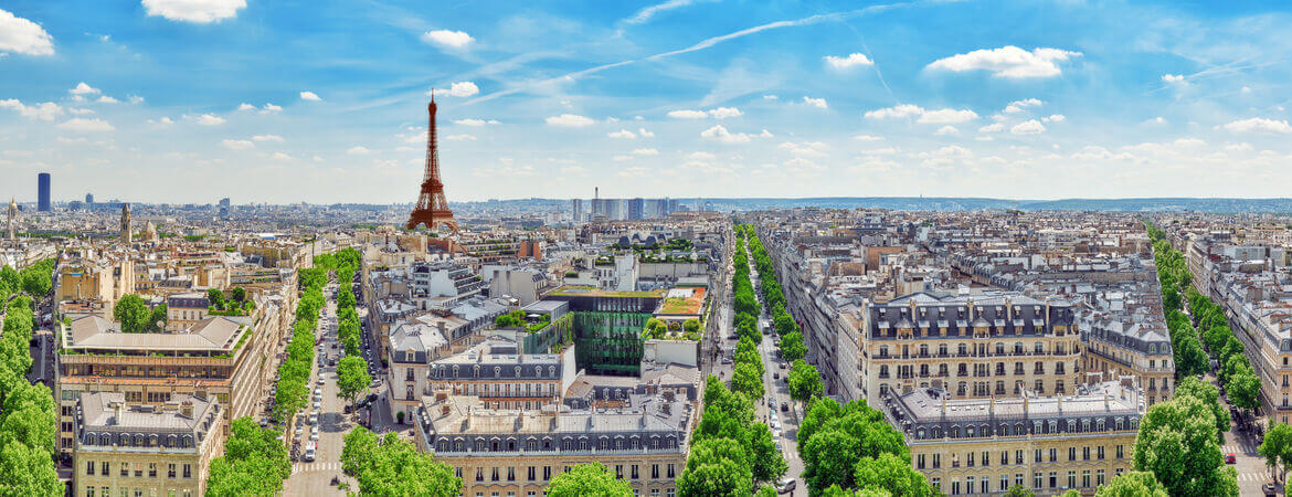 Panoramablick über Häuser in Paris und den Eiffelturm