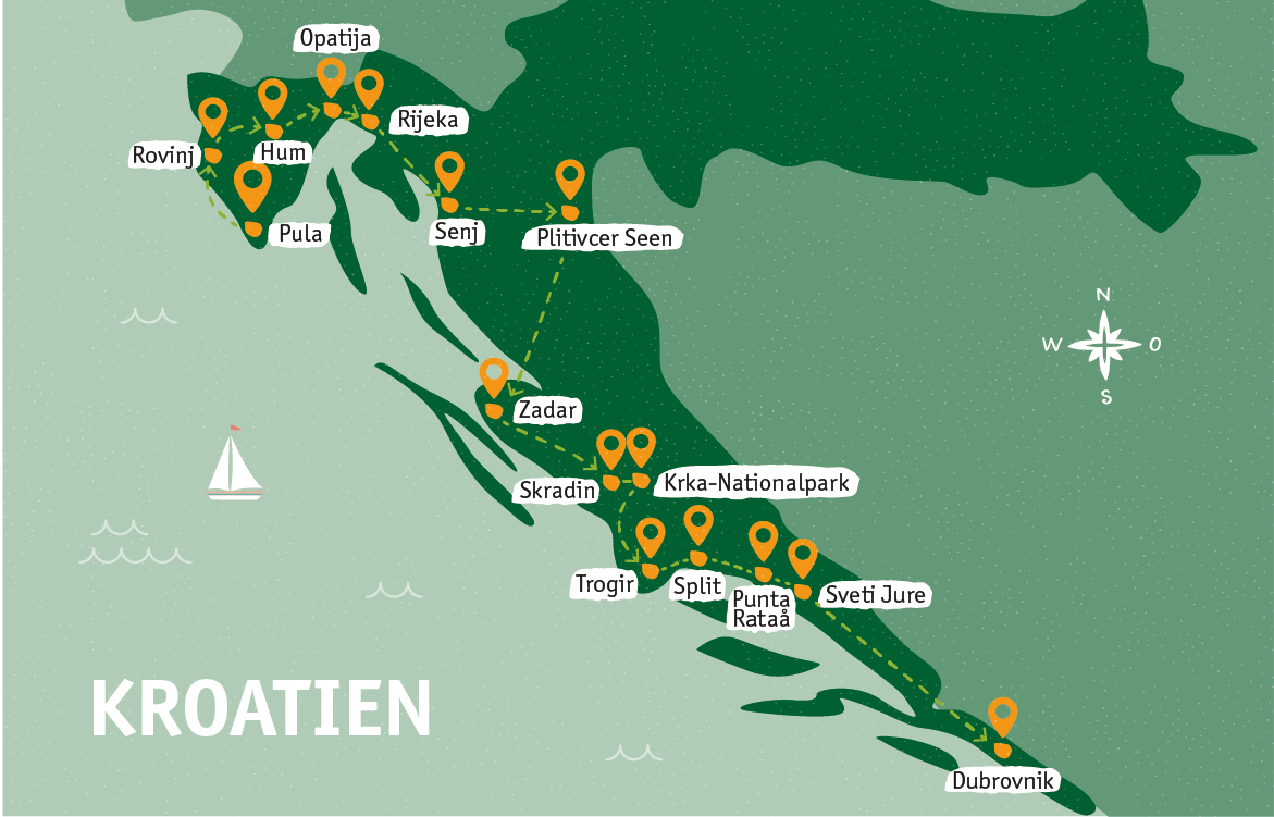 Karte: Roadtrip durch Kroatien von Istrien nach Dalmatien