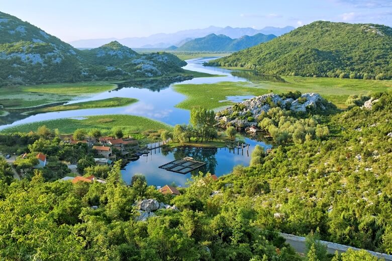 Die grüne Flusslandschaft des Skutarisees in Montenegro