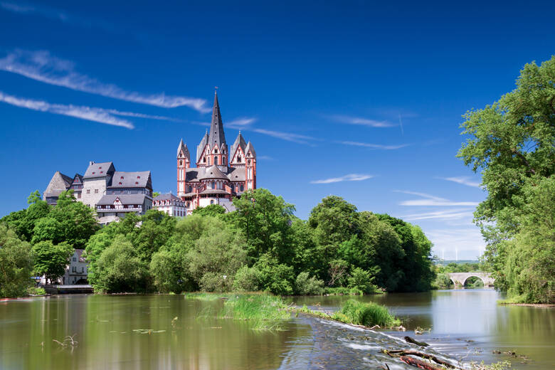 Blick auf den Limburger Dom und Fachwerkhäuser