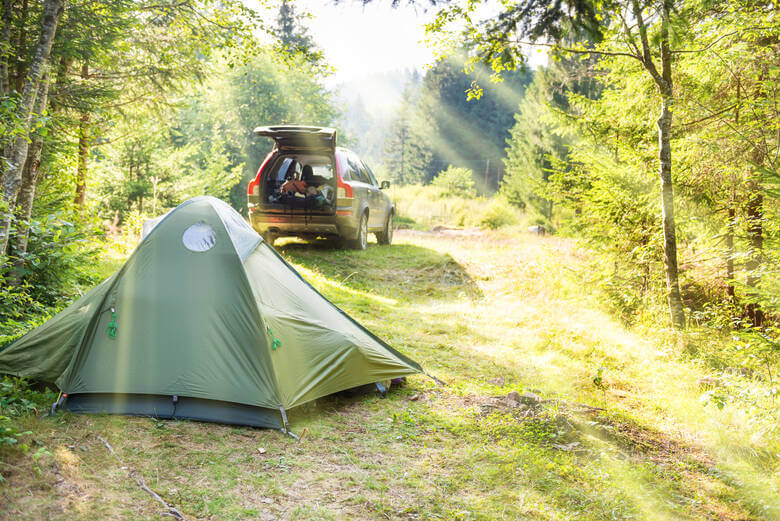 Auto und Zelt auf einem Campingplatz in der Natur