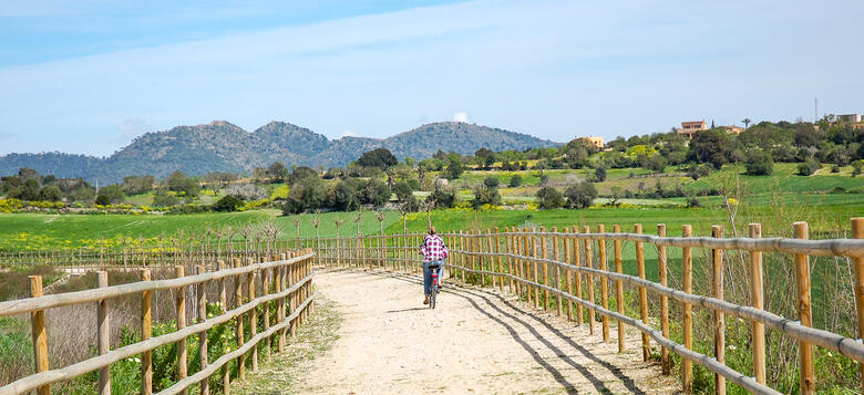 Radfahrerin auf der Via Verde auf Mallorca