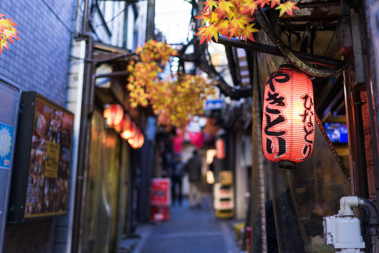 Lampions in einer kleinen Gasse in Tokio