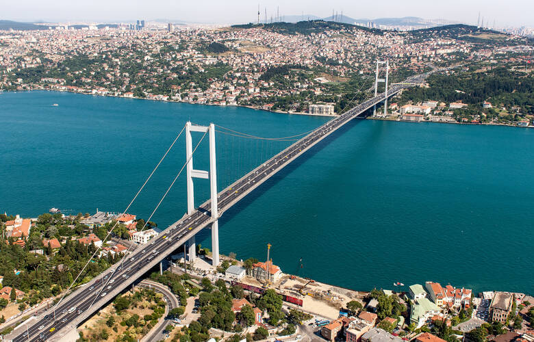 Luftansicht der Bosporus Brücke über die Meerenge in Istanbul