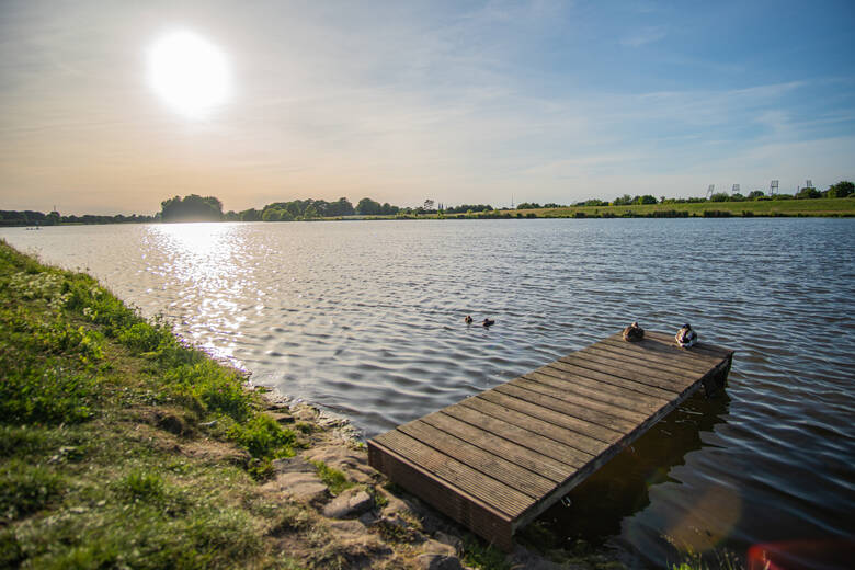 Steg am Werdersee in Bremen bei Sonnenuntergang