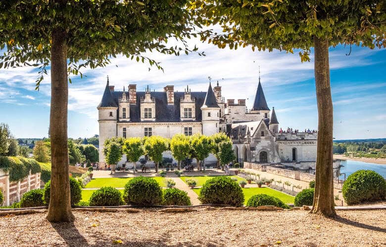 Schloss Amboise zwischen zwei Bäumen seitlich fotografiert, weiße Mauern und blaue Dächer